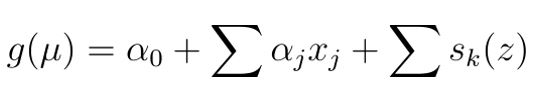The equation is: ( g(\mu) = \alpha_0 + \sum \alpha_j x_j + \sum s_k(z) ).